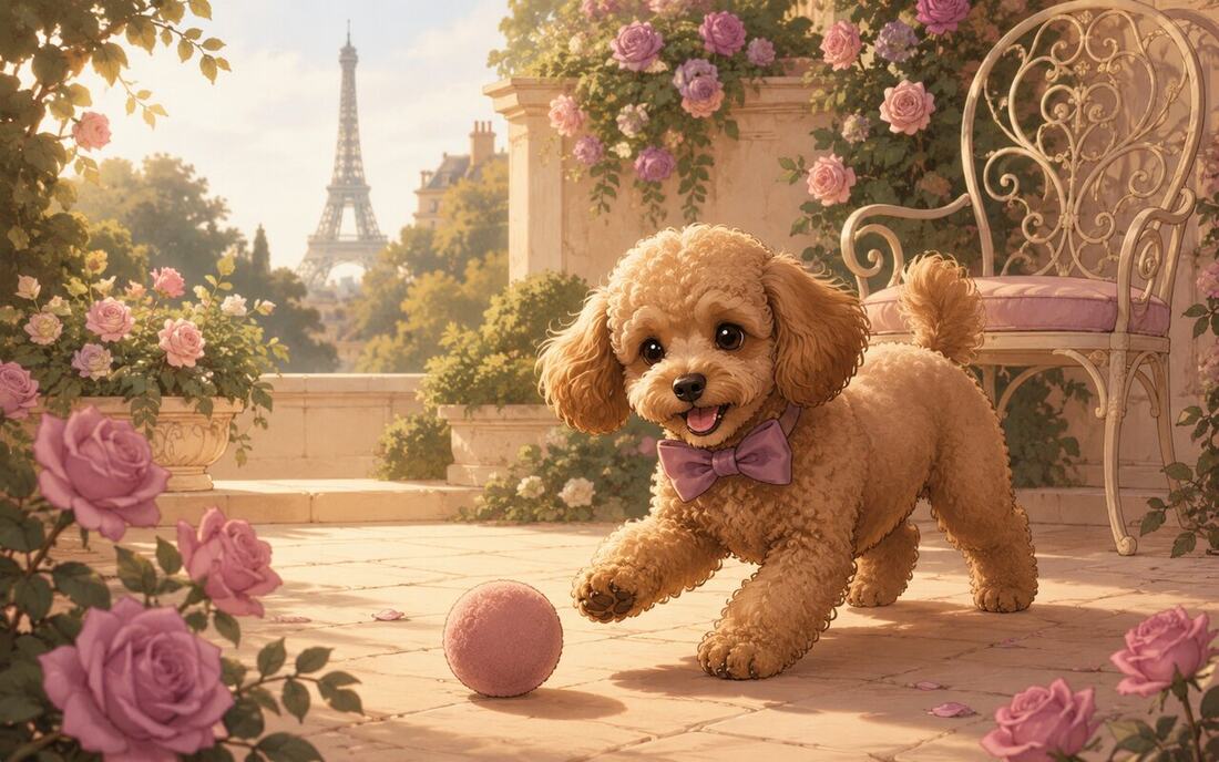 Teddy, Claudia’s warm-brown curly poodle mascot wearing his mauve bow tie, playing in a Parisian garden.